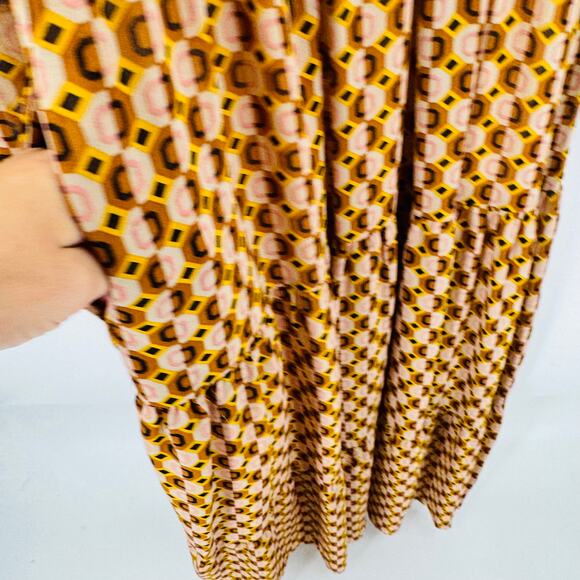 Melloday Smocked Long Sleeve Maxi Dress Retro Geometric Print Brown XS - Picture 10 of 13